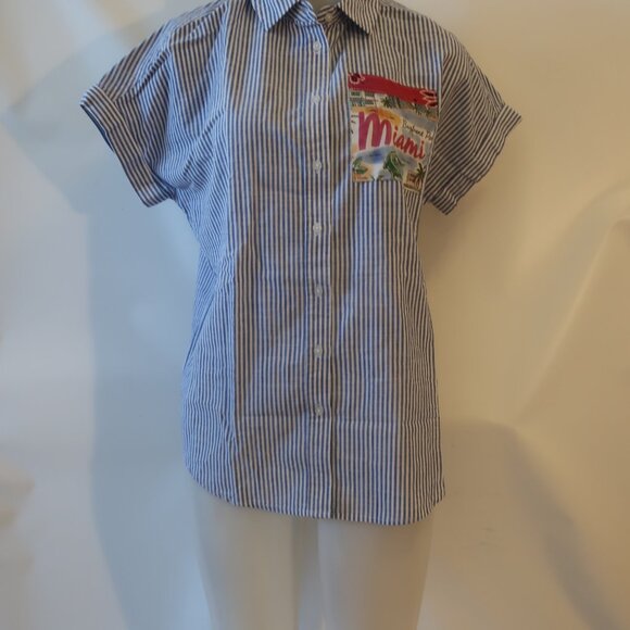 NWT Womens Romi Basha Blue, White Striped "Miami" Button Down Shirt S* - Picture 4 of 7